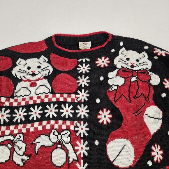 VTG Christmas Sweater Womens M Cat Kitten Kitty Holiday Made in USA Red Grandma - Picture 3 of 12